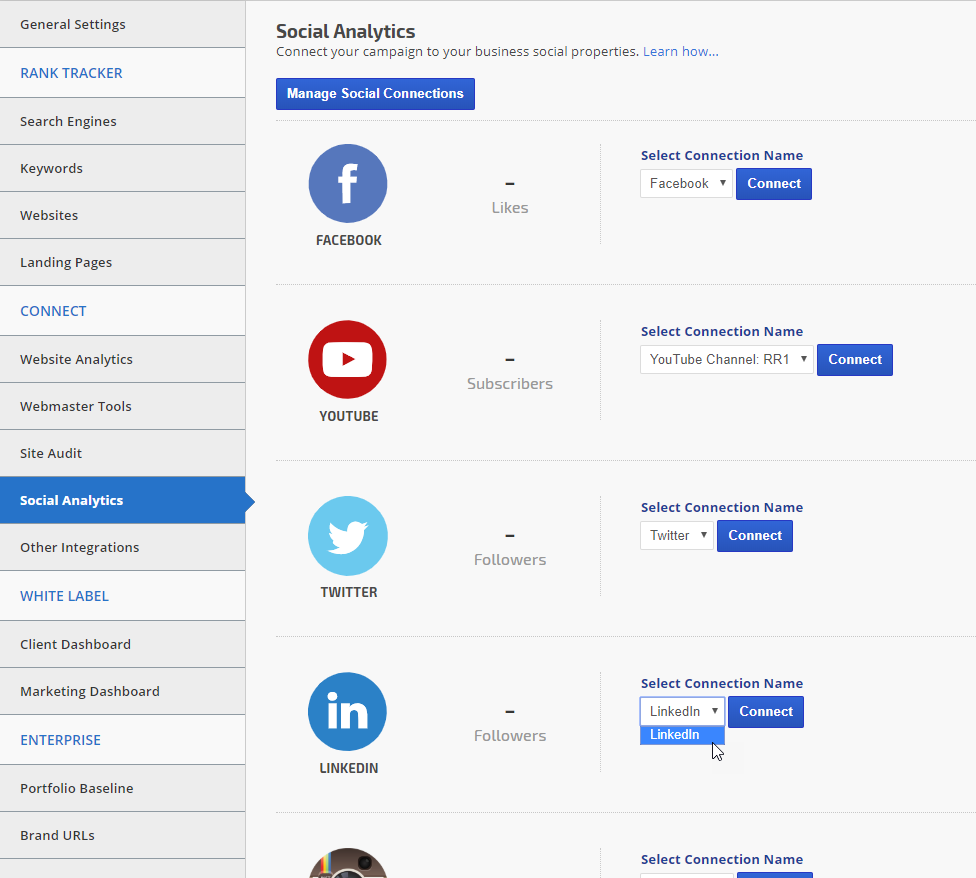 Connect LinkedIn to rank tracking campaign