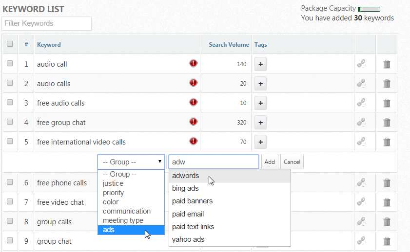 Add Tags to Keywords