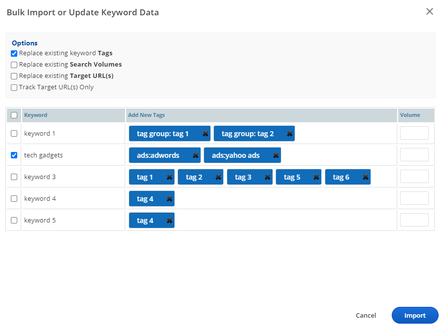 Import Keyword Tags