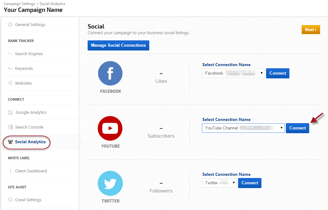 Connect YouTube to rank tracking campaign