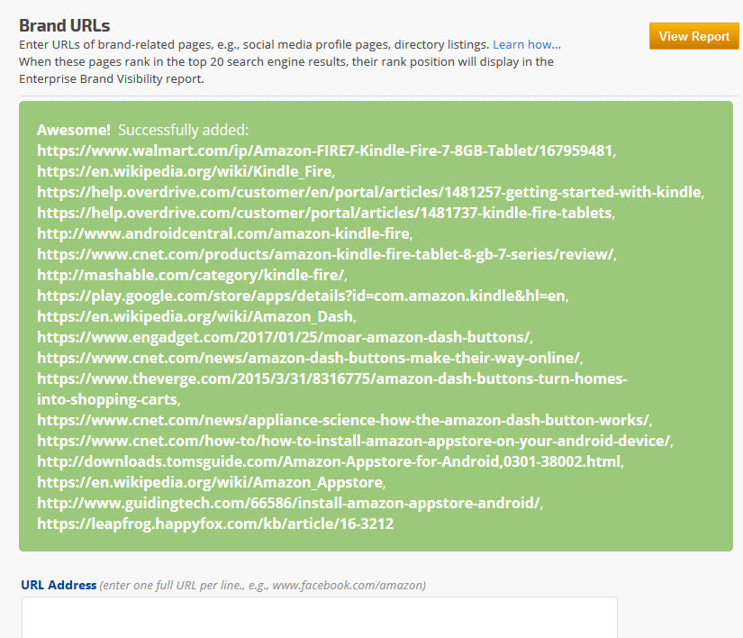 Brand URL added to rank tracking
