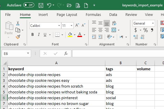 Bulk Import Keyword Data example