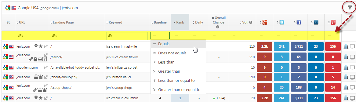 Search within a report table