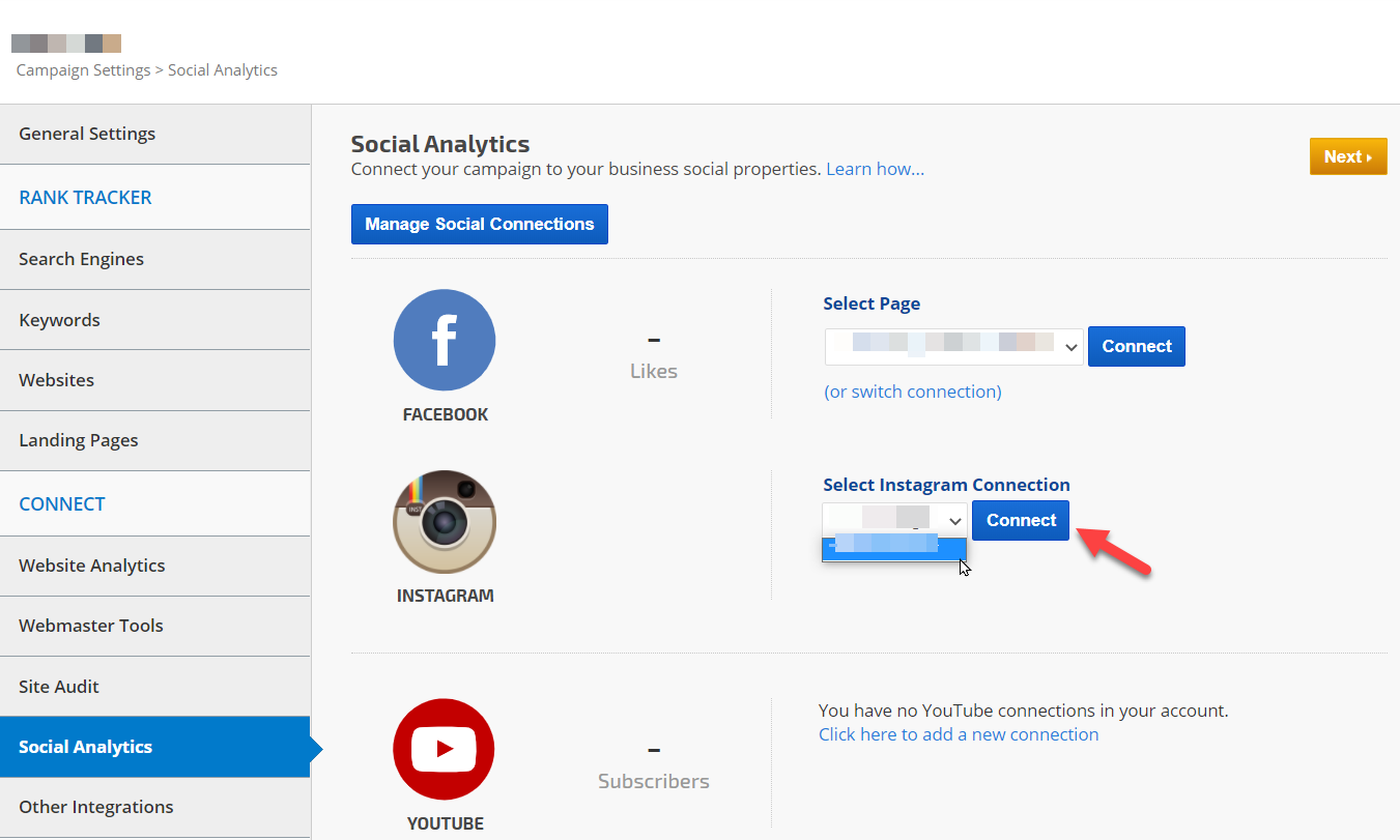 Connect Instagram to rank tracking campaign