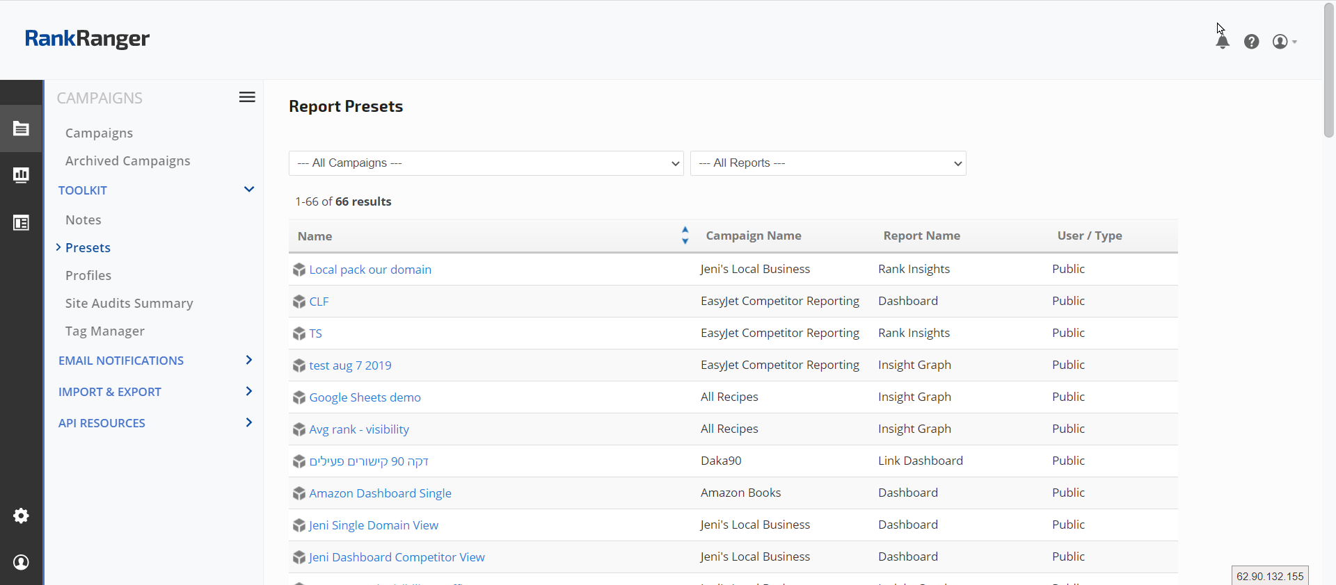Report Presets List